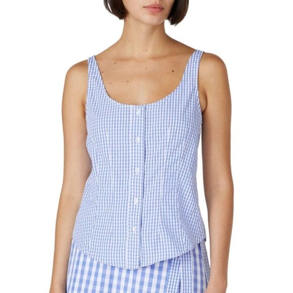 Thakoon Collective Blue & White Gingham Button-Down Sleeveless Designer Top Sz 6 - Picture 3 of 8